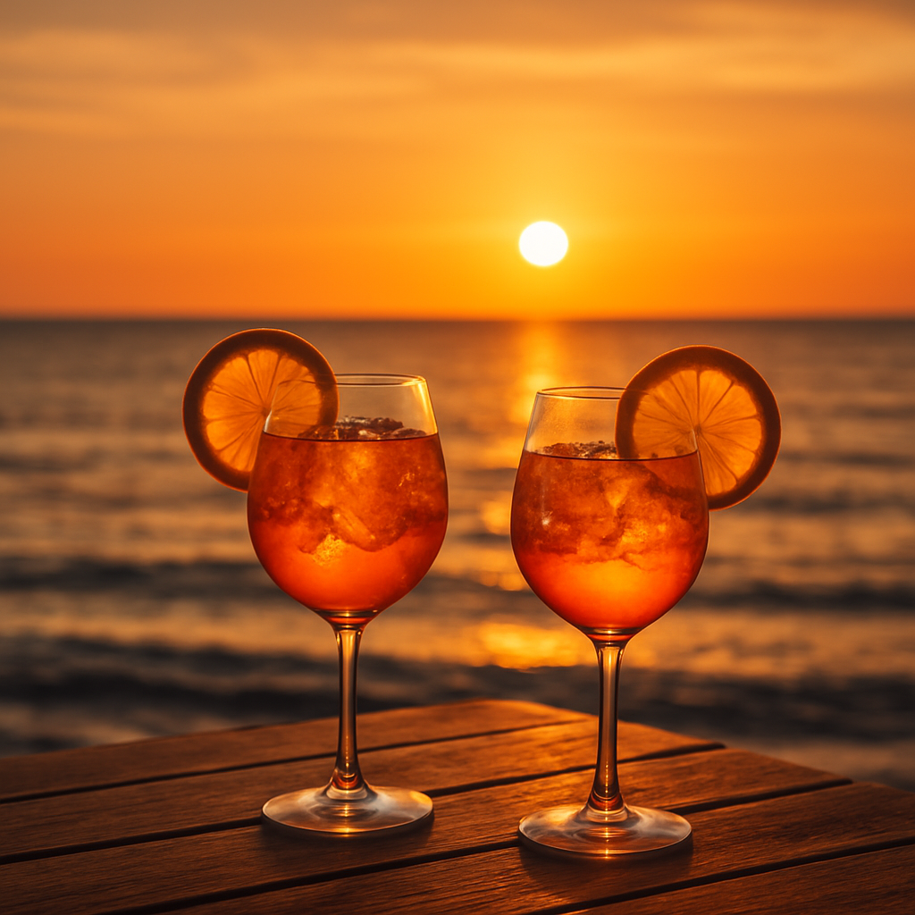 Dos copas de Aperol Spritz en una terraza frente al mar durante el atardecer